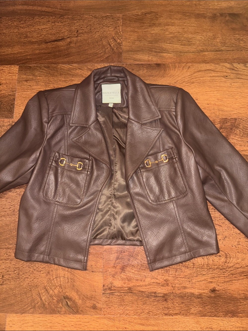 Chocolate Brown Faux Leather Cropped Jacket with Gold Hardware